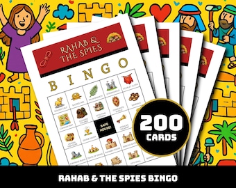 ラハブと斥候のビンゴゲーム – 聖書の35の場面を収録した印刷可能なカード200枚 | 教室、家族、教会での活動に最適な学習ゲーム