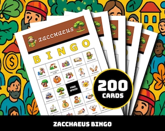 ザアカイのビンゴゲーム – 35のユニークな救いの瞬間を描いた印刷可能なカード200枚 | 子供、日曜学校、教会グループ向けの聖書探求ビンゴ