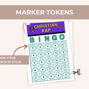 May include: A printable sheet of circular marker tokens for Christian Rap Bingo. The sheet features a purple header with the text 'CHRISTIAN RAP' and a small Bible icon. Below, a grid contains twenty-five circular tokens with teal borders.