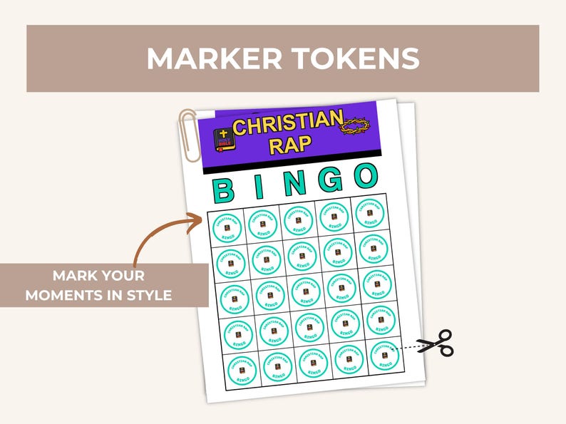 May include: A printable sheet of circular marker tokens for Christian Rap Bingo. The sheet features a purple header with the text 'CHRISTIAN RAP' and a small Bible icon. Below, a grid contains twenty-five circular tokens with teal borders.