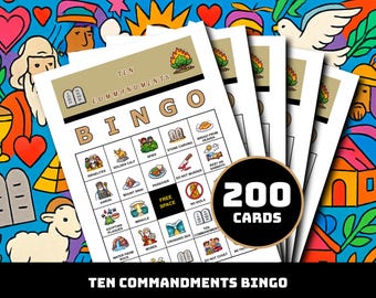 十戒ビンゴゲーム – 35のユニークなシナイの瞬間を描いた200枚の印刷可能なカード | 子供、日曜学校、教会グループ向けの聖書の従順ビンゴ