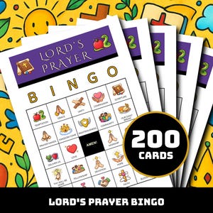 Op de afbeelding: Een set Lord's Prayer bingokaarten met een paarse koptekst met een slang en appel. Het raster bevat diverse religieuze iconen en labels zoals Grace, Unity en Amen. Een ronde badge vermeldt de tekst 200 CARDS in witte letters.