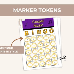 May include: A sheet of Gospel Music Bingo cards with a purple header and gold lettering. The cards have a grid of circles with musical notes. The text "MARKER TOKENS" is at the top, and "MARK YOUR MOMENTS IN STYLE" is at the bottom.