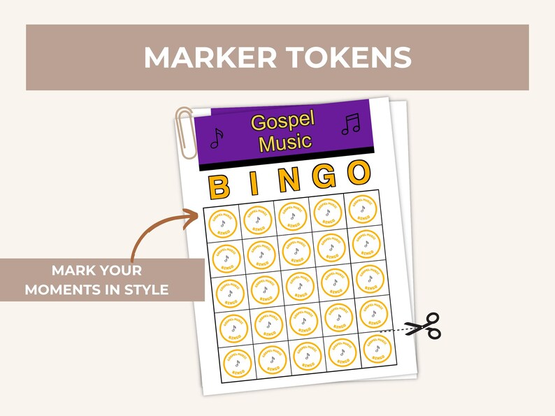 May include: A sheet of Gospel Music Bingo cards with a purple header and gold lettering. The cards have a grid of circles with musical notes. The text "MARKER TOKENS" is at the top, and "MARK YOUR MOMENTS IN STYLE" is at the bottom.