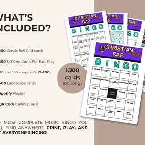 May include: A Christian Rap Bingo game set featuring multiple printable cards with 5x5 and 3x3 grids. The cards have purple headers with the text Christian Rap Bingo and include a Spotify playlist and QR code calling cards for 100 songs.