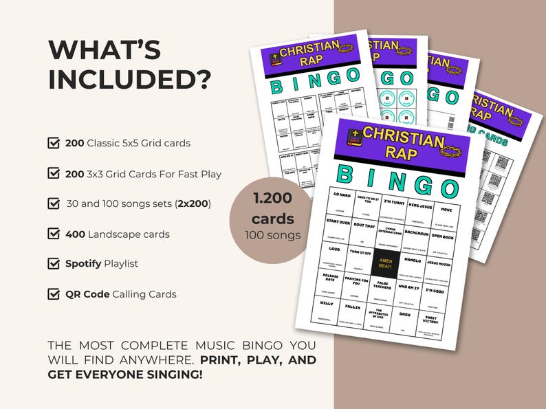 May include: A Christian Rap Bingo game set featuring multiple printable cards with 5x5 and 3x3 grids. The cards have purple headers with the text Christian Rap Bingo and include a Spotify playlist and QR code calling cards for 100 songs.