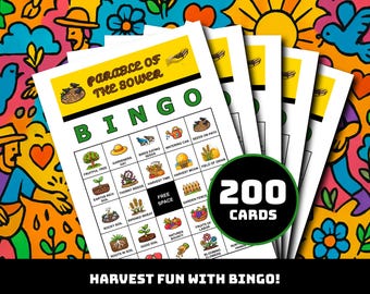 種まきのたとえ話ビンゴゲーム – 35種類のユニークなたとえ話の場面が描かれた印刷可能なカード200枚 | 子供向け、日曜学校、教会向けの聖書ハートビンゴ