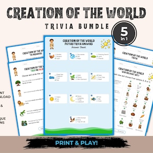 May include: A Creation of the World trivia bundle featuring five printable game sheets with blue borders. The pages include text, illustrations of biblical figures, animals, and nature, plus a 5 in 1 circular badge. The text reads Creation of the World.