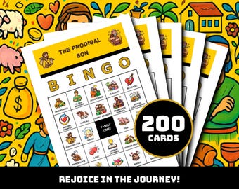 放蕩息子ビンゴゲーム – 35のユニークなたとえ話の場面を収録した印刷可能なカード200枚 | 子供、日曜学校、教会グループ向けの聖書の赦しビンゴ