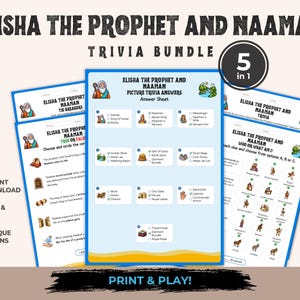 Peut inclure: Un lot de 5 jeux-questionnaires intitulé Elisha the Prophet and Naaman, comprenant des feuilles d'activités imprimables avec des illustrations colorées, des questions à choix multiples, des énoncés vrai ou faux et des corrigés illustrés.