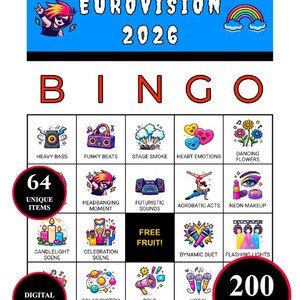Könnte beinhalten: Eine farbenfrohe Eurovision 2026 Bingo-Karte mit verschiedenen Themenillustrationen. Die Karte zeigt 64 einzigartige Elemente und 200 Karten, mit Sätzen wie "Heavy Bass" und "Neon Makeup". Das obere Banner lautet "EUROVISION 2026".