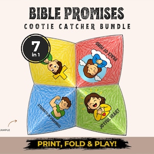 May include: A paper cootie catcher featuring four coloured sections in yellow, red, blue, and green with cartoon illustrations and text including Peace of Mind, Strength in Weakness, and Joyful Heart. The top text reads BIBLE PROMISES COOTIE CATCHER BUNDLE.