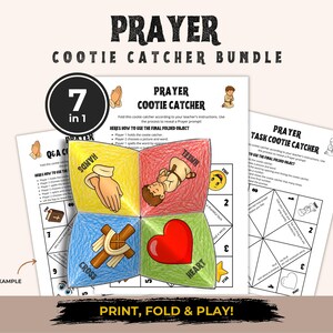 Pode incluir: Um conjunto de sete dobraduras de papel Prayer Cootie Catcher para imprimir. O papel central dobrado exibe quatro seções coloridas com ilustrações de mãos em oração, uma criança ajoelhada, uma cruz e um coração vermelho com legendas.