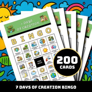 Puede incluir: Un montón de tarjetas de bingo con el título "7 Days of Creation Bingo". Cada tarjeta presenta una cuadrícula con imágenes y texto sobre la historia de la creación. Un círculo negro muestra "200 CARDS". El fondo es azul vibrante con ilustraciones coloridas.