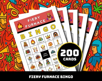 燃え盛る炉ビンゴゲーム – 35のユニークな信仰の瞬間を描いた印刷可能なカード200枚 | 子供、日曜学校、教会グループ向けの聖書炉ビンゴ