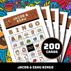 May include: A stack of bingo cards with the title "Jacob & Esau Bingo". Each card features a grid of illustrated images and the text "Jacob & Esau". A black circle displays "200 Cards". The background is a colorful, cartoon-style illustration.