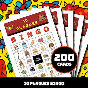 May include: A set of bingo cards titled "10 Plagues Bingo". The cards have illustrations and text about the plagues of Egypt. A black circle displays "200 Cards". The background is a vibrant pattern with various shapes and colors.