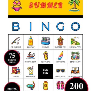 Può includere: Un gioco di bingo a tema estivo con illustrazioni di oggetti da spiaggia come una canna da pesca, infradito e occhiali da sole. La parola "SUMMER" è in lettere arancioni. Include il testo "75 UNIQUE ITEMS" e "200 CARDS".