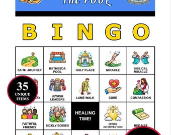 ベセスダの池とイエス様のビンゴゲーム – 35のユニークな奇跡の瞬間を描いた200枚の印刷可能なカード | 子供、日曜学校、教会グループ向け