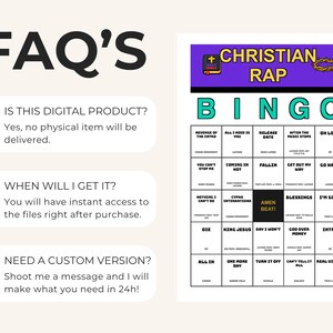 May include: A digital Christian Rap Bingo game card featuring a purple header with a Bible and crown of thorns icon, the text 'CHRISTIAN RAP BINGO', and a grid of song titles. To the left, an FAQ section lists questions about digital delivery.