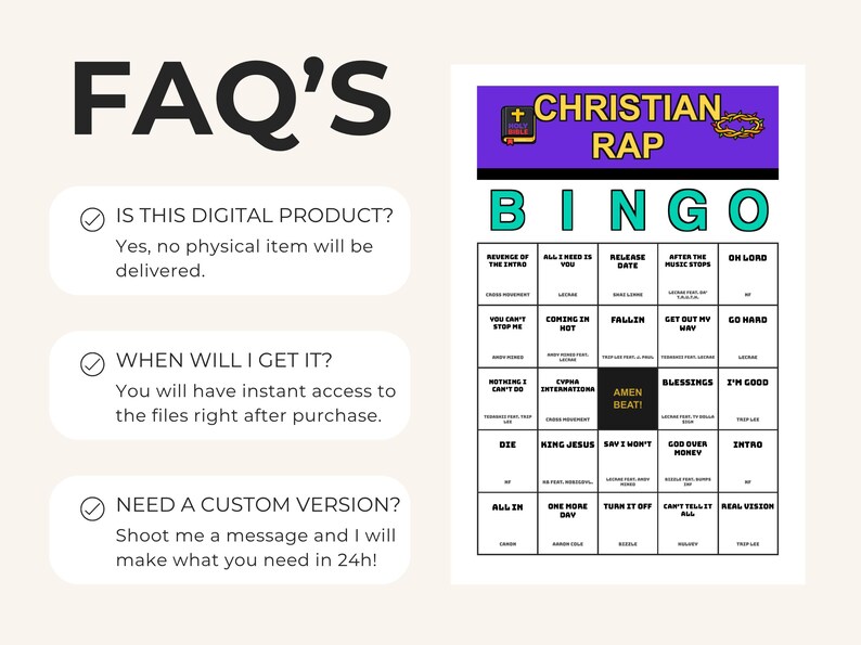 May include: A digital Christian Rap Bingo game card featuring a purple header with a Bible and crown of thorns icon, the text 'CHRISTIAN RAP BINGO', and a grid of song titles. To the left, an FAQ section lists questions about digital delivery.