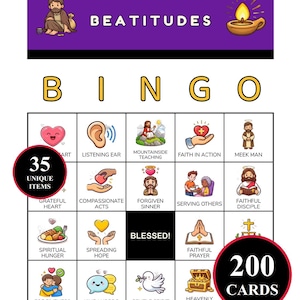 Peut inclure: Une carte de bingo sur les Béatitudes avec une en-tête violette illustrée d'un personnage et d'une lampe à huile. La grille contient diverses illustrations religieuses avec des étiquettes comme Listening Ear, Mountainside Teaching et Faith in Action.