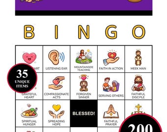 祝福のビンゴゲーム – 35の祝福の瞬間を描いた印刷可能なカード200枚 | キリスト教学習教室、家族での楽しみ、教会の活動