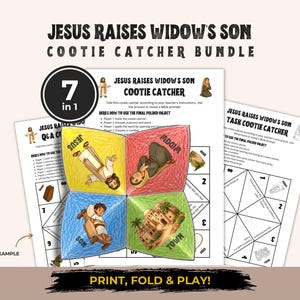 May include: A 7-in-1 Jesus Raises Widow's Son cootie catcher bundle featuring printable activity sheets. One folded cootie catcher is coloured with yellow, red, green, and blue sections depicting Jesus, a widow, a son, and a town.