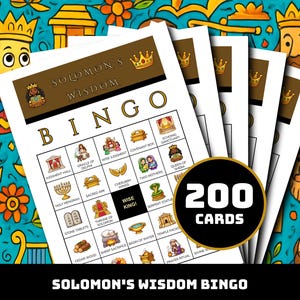 Op de afbeelding: Een set Solomon's Wisdom bingokaarten met een bruine koptekst, een gouden kroonicoon en de tekst Solomon's Wisdom. Het raster bevat illustraties van bijbelse thema's zoals de Menora en de Ark. Een zwarte cirkel toont de tekst 200 CARDS.