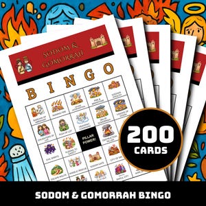 Puede incluir: Un conjunto de tarjetas de bingo de Sodom & Gomorrah con una cuadrícula de iconos ilustrados y etiquetas de texto como Bargain of Abraham, Raining Fire y Pillar Power. Una insignia negra circular con texto blanco indica 200 CARDS.