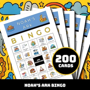 May include: A stack of Noah's Ark Bingo cards with colorful illustrations of animals, the ark, and biblical scenes. The cards are white with blue headers and feature the text "Noah's Ark Bingo". A black circle displays "200 Cards". The background is yellow with cartoon drawings.