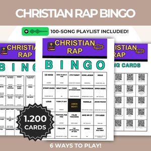 May include: A Christian Rap Bingo game set featuring white cards with black text, a purple header with a Bible and crown of thorns icon, and a central black square labelled AMEN BEAT. Includes a 100-song playlist, 1,200 cards, and 6 ways to play.