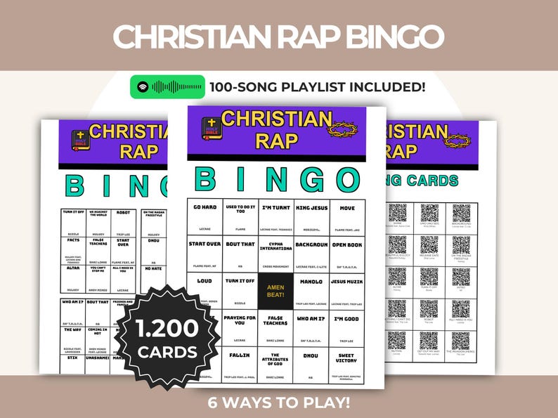May include: A Christian Rap Bingo game set featuring white cards with black text, a purple header with a Bible and crown of thorns icon, and a central black square labelled AMEN BEAT. Includes a 100-song playlist, 1,200 cards, and 6 ways to play.