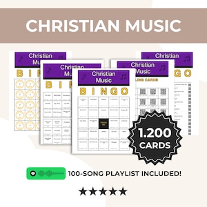 Può includere: Un set di cartelle di Bingo di musica cristiana con un'intestazione viola e la scritta "Christian Music". L'immagine include una playlist di 100 canzoni e 1.200 cartelle. Lo sfondo è beige chiaro.