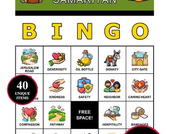 善きサマリア人ビンゴゲーム – 40種類のユニークなたとえ話の場面を収録した印刷可能なカード200枚 | 子供、日曜学校、教会グループ向けの聖書の慈悲ビンゴ