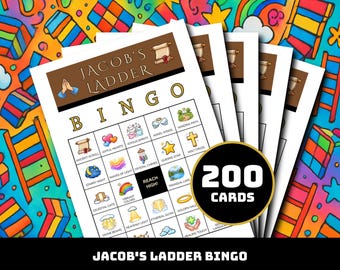 ヤコブのはしごビンゴゲーム – 聖書の35の場面を描いた印刷可能なカード200枚 | 教室、ホームスクール、家族での楽しみ、教会活動のための学習教材