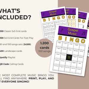 May include: Gospel Music Bingo game set with multiple cards. The cards have a purple header with the words "Gospel Music Bingo" in yellow. The image includes a list of included items, such as 200 classic 5x5 grid cards.