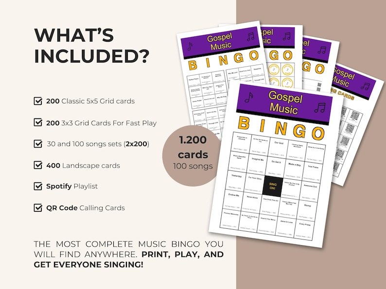 May include: Gospel Music Bingo game set with multiple cards. The cards have a purple header with the words "Gospel Music Bingo" in yellow. The image includes a list of included items, such as 200 classic 5x5 grid cards.