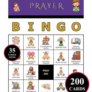 Könnte beinhalten: Ein Prayer Bingo Spielblatt mit einer violetten Kopfzeile mit dem Wort PRAYER und Zeichentrickfiguren. Das Raster enthält verschiedene religiöse Illustrationen mit Beschriftungen wie Gratitude, Courageous Faith, Seeking God und Praying Hands. Zwei rote runde Abzeichen zeigen 35 UNIQUE ITEMS und 200 CARDS.