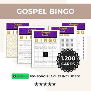 May include: A stack of Gospel Bingo cards with a purple and gold design. The cards feature the text "Gospel Music Bingo" and include a 100-song playlist. The image also includes a graphic that says "1,200 Cards".