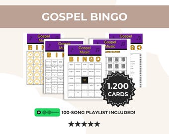 ゴスペル音楽ビンゴ印刷用、カード1,200枚、100曲、5x5と3x3ゲーム、QRコード付きコールカード、Spotify教会プレイリスト、PDF即時ダウンロード