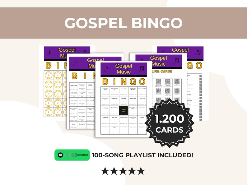 May include: A stack of Gospel Bingo cards with a purple and gold design. The cards feature the text "Gospel Music Bingo" and include a 100-song playlist. The image also includes a graphic that says "1,200 Cards".