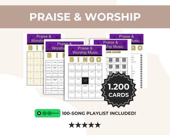 Praise & Worship Music Bingo Printable, 1,200 Cards, 100 Songs, 5x5 and 3x3 Game, QR Calling Cards, Spotify Playlist, Instant Download Pdf