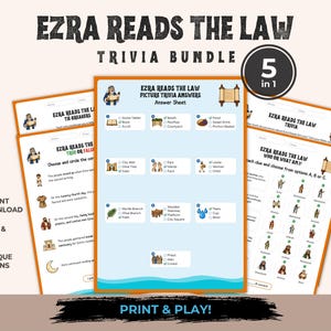 May include: A 5-in-1 Ezra Reads The Law trivia bundle featuring printed activity sheets with illustrations, multiple-choice questions, and answer keys. The documents include text headers, checkboxes, and graphic icons related to biblical themes, presented on white paper with orange borders.
