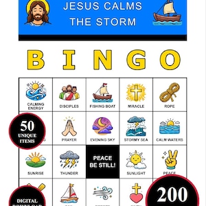 May include: A colorful Bingo game card with the text "JESUS CALMS THE STORM" at the top. The card features various illustrations and the words "BINGO", "50 UNIQUE ITEMS", "DIGITAL DOWNLOAD", and "200 CARDS".