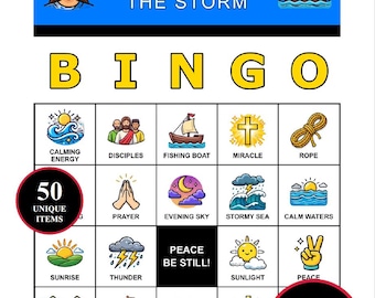 イエスが嵐を鎮めるビンゴゲーム – 50のユニークな物語の瞬間を収録した200枚の印刷可能なカード | 子供、日曜学校、教会向けの聖書の奇跡ビンゴ