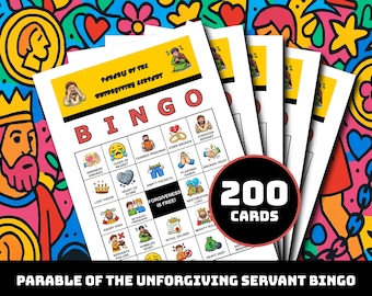 許さない僕のたとえ話ビンゴゲーム – 35の場面が描かれた印刷可能なカード200枚 | 子供、日曜学校、教会向けの聖書の慈悲ビンゴ