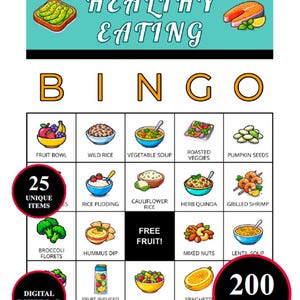 Può includere: Una colorata scheda di gioco "Healthy Eating Bingo" con illustrazioni di vari alimenti sani come frutta, verdura e frutti di mare. La scheda include il testo "Healthy Eating" e "Bingo", e presenta 25 elementi unici e 200 carte.