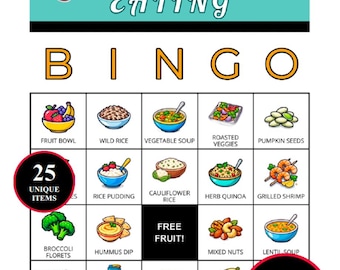 健康的な食事ビンゴゲーム – 64種類の食品が描かれた印刷可能なカード200枚 | 子供、教室、家族の食事のための栄養学習ビンゴ