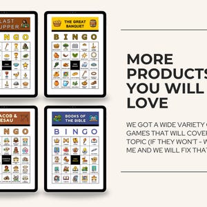 May include: Four digital bingo game boards displayed on tablets. The games are themed around religious topics, including "Last Supper," "The Great Banquet," "Jacob & Esau," and "Books of the Bible." The text "More Products You Will Love" is also visible.